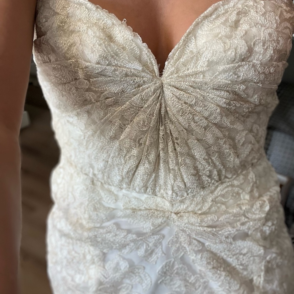Sarah Seven wedding dress gold/ivory lace, purchased from resale bridal boutique